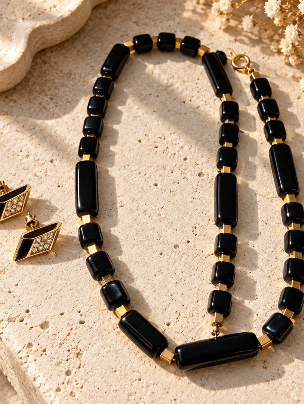 Vintage Black & Gold Geometric Beaded Necklace and Earrings Set